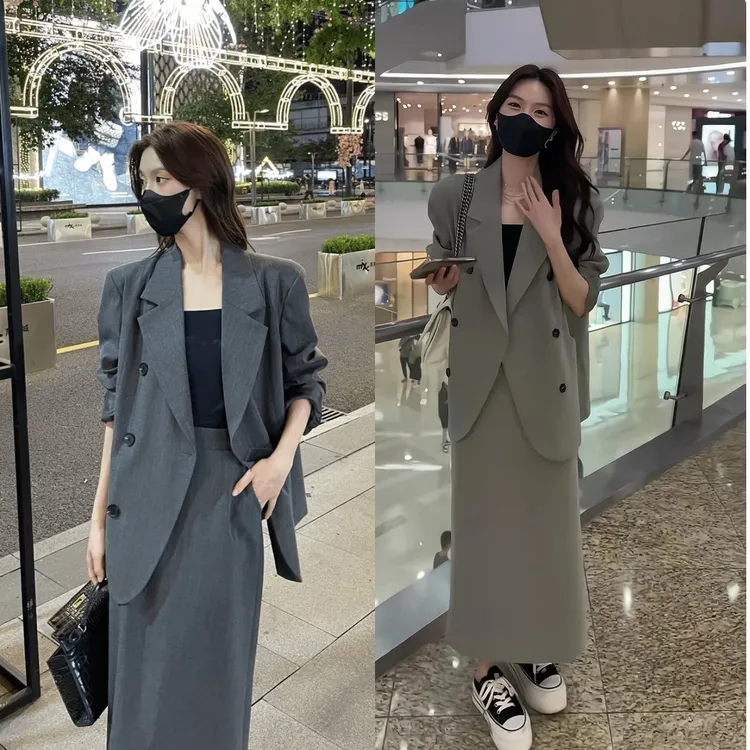 大码高级感休闲套装女胖mm春秋气质西装外套高腰开叉半身裙两件套