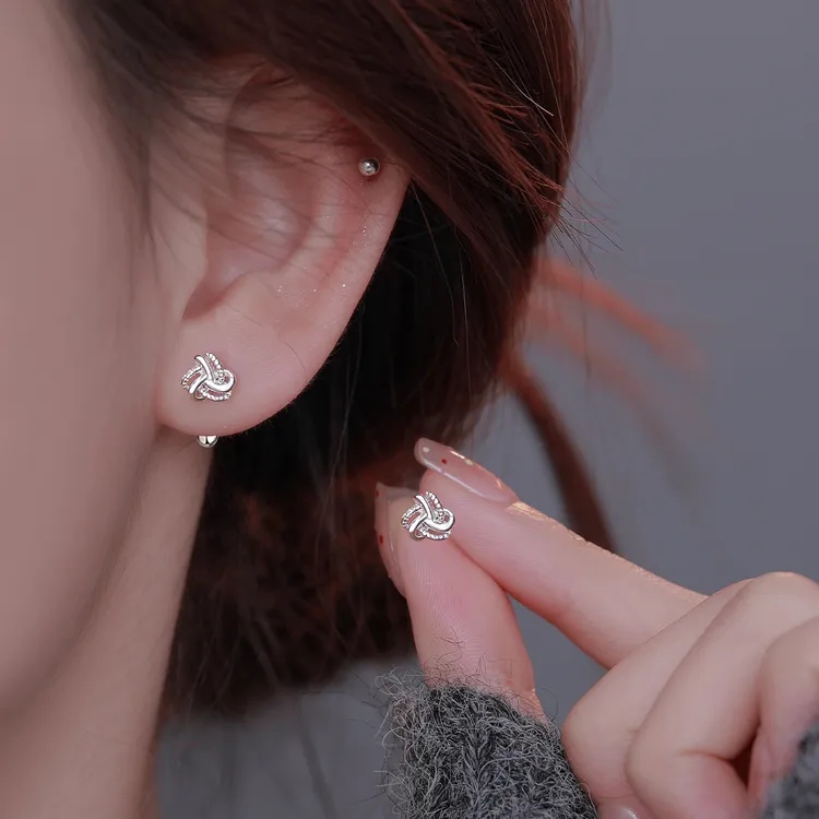 足银耳饰 如意平安结耳环精致百搭螺旋耳钉女养耳洞免摘气质耳饰