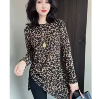 6520（丹姐家）豹纹打底衫圆领长袖T恤大码显瘦秋季洋气中长款百搭