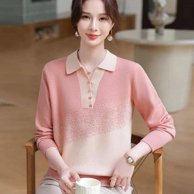 2025新款妈妈秋装时尚针织衫上衣中老年女时尚翻领小衫春秋打底衫