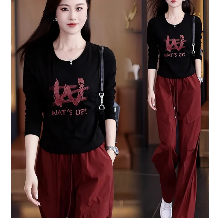 秋季新款休闲运动套装女洋气质字母印花长袖T恤工装阔腿裤两件套