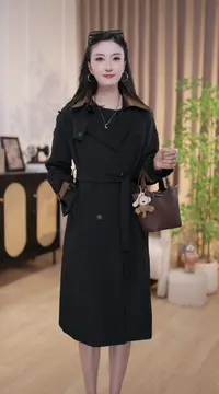 风衣女装时尚朋克风秋季长款收腰POLO领千金风黑色-167