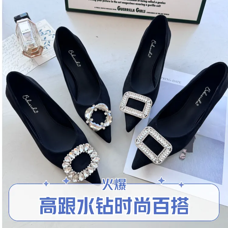 尖头高跟一脚蹬绒面皮浅口单鞋细跟百搭欧若精灵风高跟鞋黑色气质