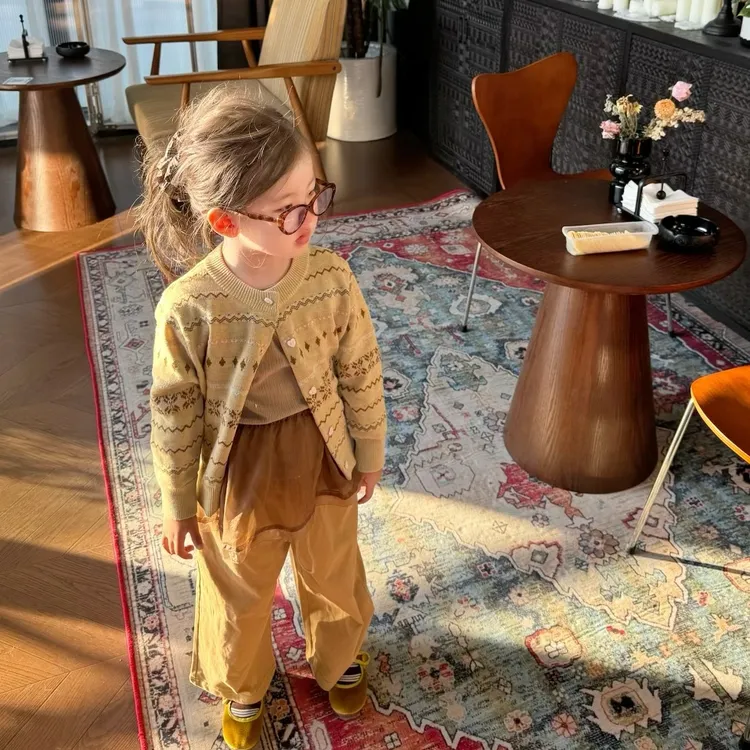 小思家2025秋季新韩版百搭女童针织开衫圆领T恤打底衫休闲裤套装