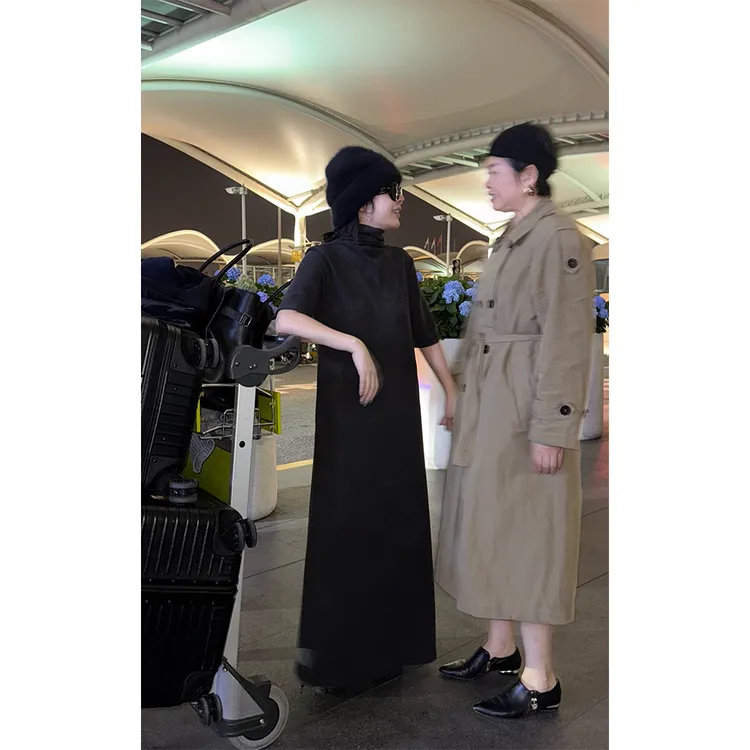 LA CALLA极简时髦真丝羊毛高领短袖连衣裙YY-WAB8069