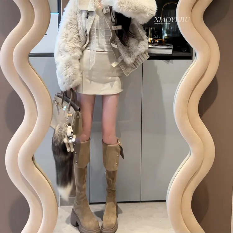 翻折绒面过膝长筒靴女秋冬2025新款厚底小个子长靴女士美拉德靴子