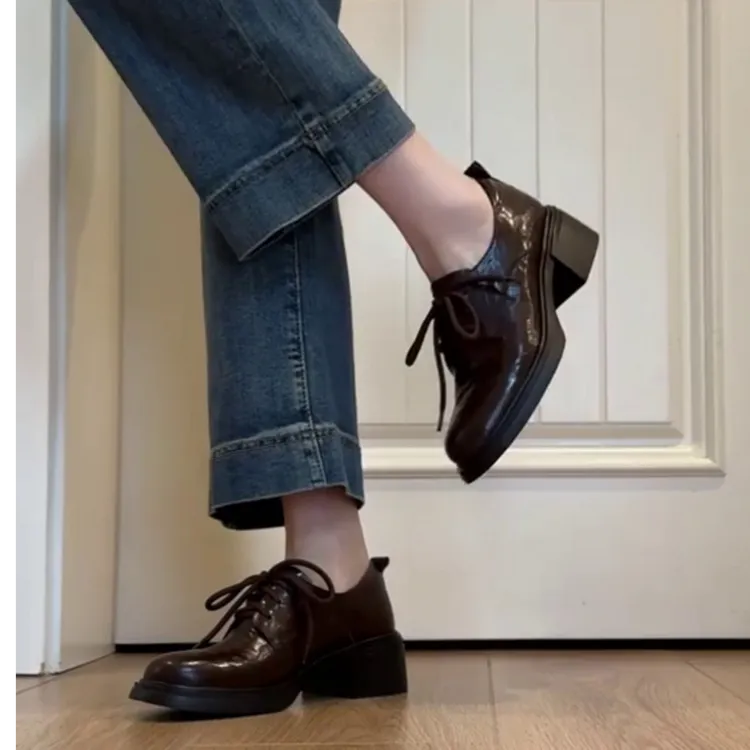 羊皮版~英伦风乐福鞋女款英百搭圆头系带小皮鞋新款复古显瘦单鞋