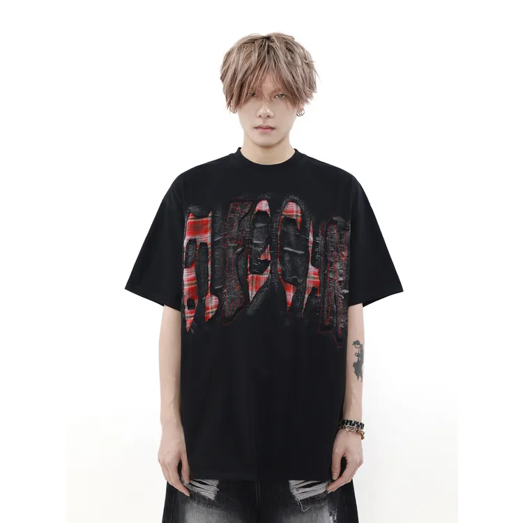 XDYOP美式复古设计感破坏风格子短袖T恤男女情侣宽松无性别上衣潮