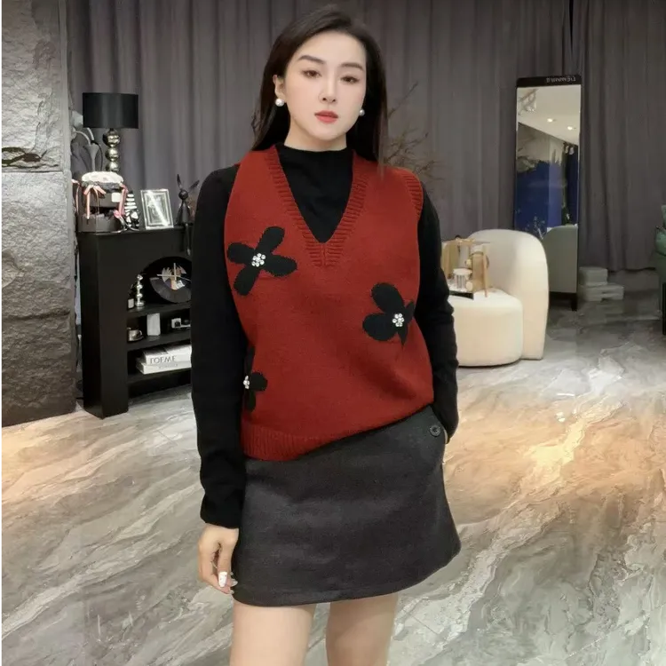 6671冬季新款潮流减龄花朵套头休闲百搭针织两件套上衣女