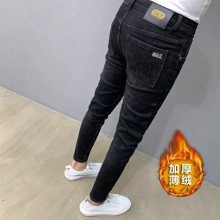 秋冬新款黑色九分牛仔裤男显瘦潮牌刺绣修身百搭加厚弹力小脚长裤