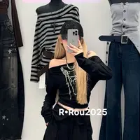 ROU-ROU)JIA百搭时尚辣妹设计款一字肩上衣9X73
