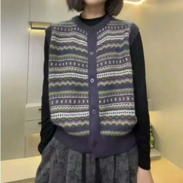 2025早秋新款复古提花马甲针织外搭叠穿时尚套头女士上衣开衫1060