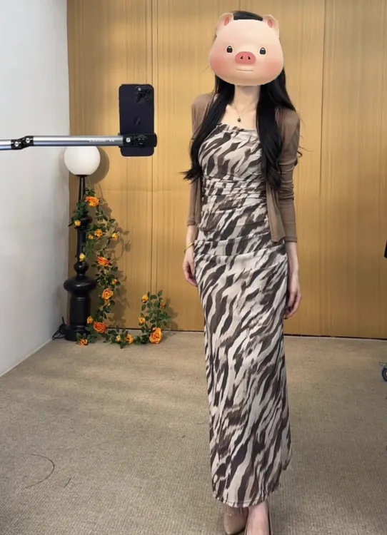 两件套性感时尚风斑马纹百搭吊带包臀连衣裙女搭配休闲风长袖开衫