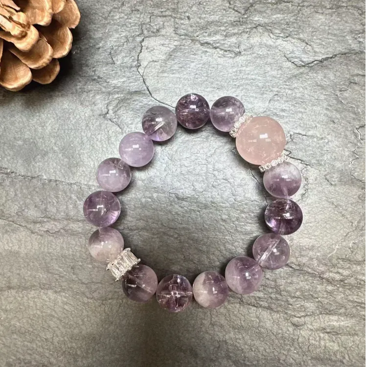 【九紫】天然紫兔毛配马粉紫水晶单圈手串12+MM(默认微瑕）