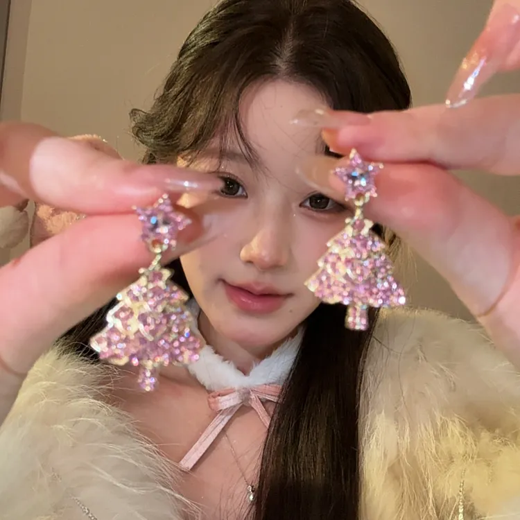 锌合金耳饰 粉色圣诞树耳钉时尚甜美少女耳环圣诞节设计感耳饰女