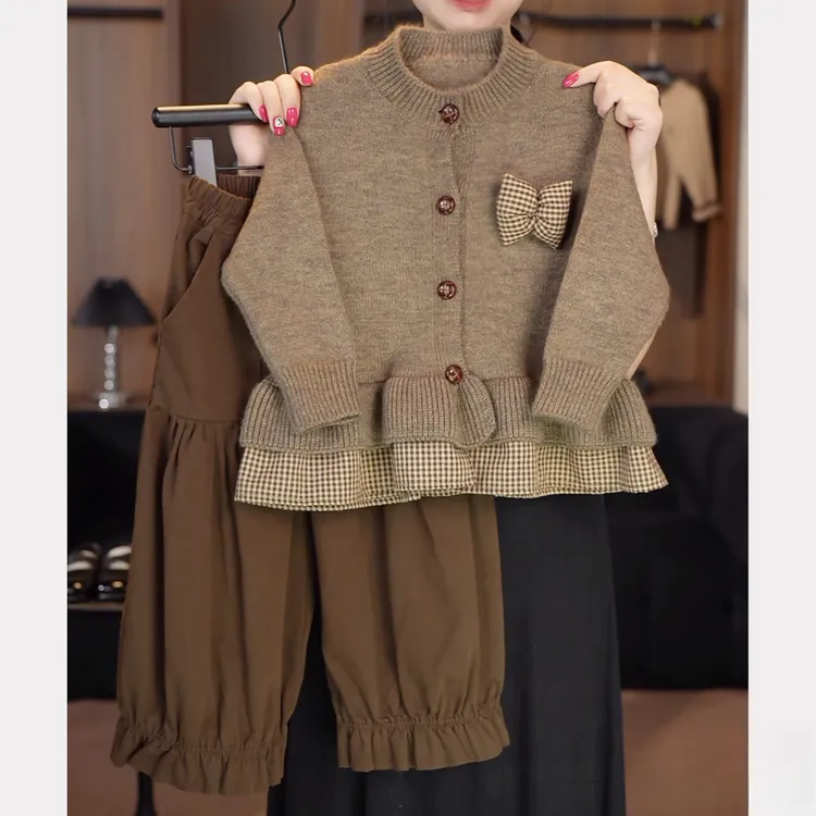 女童假两件拼接针织开衫花苞裤套装秋装2025新款美拉德毛线外套潮