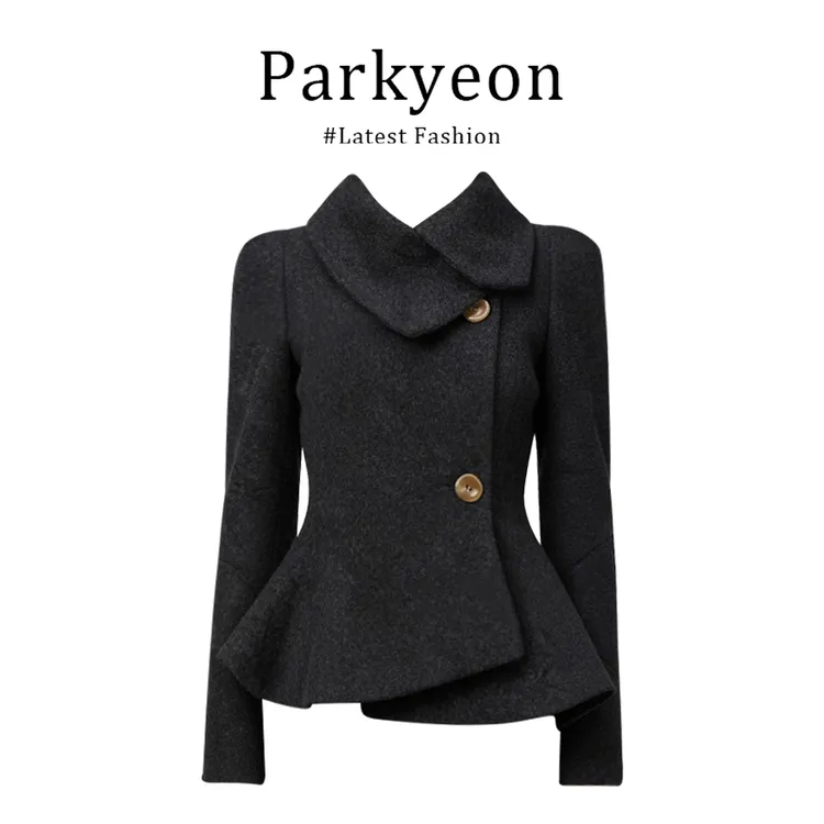 MARIE.COCO【古着lady】秀场薇薇安收腰花苞下摆呢外套黑色毛呢大衣