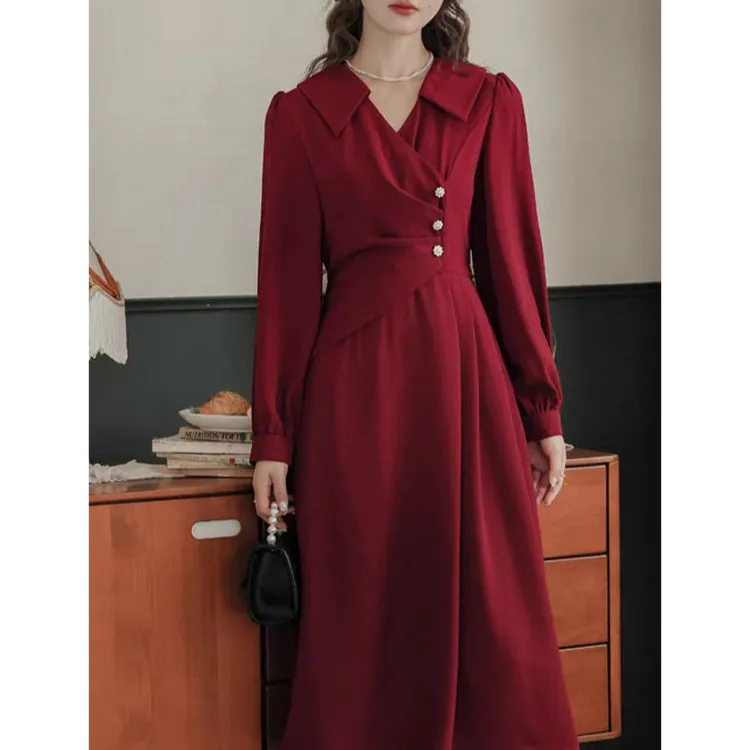 加大300斤可穿法式战袍连衣裙女秋红色订婚衣服敬酒服日常裙子