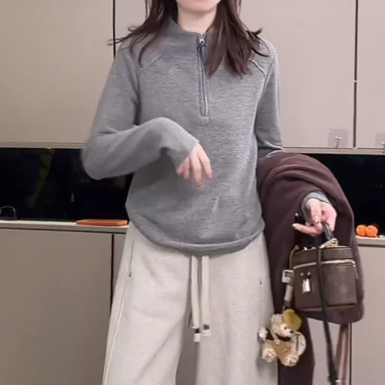 极简风网红半拉链立领保暖上衣女2025新款秋冬老钱风纯色长袖T恤