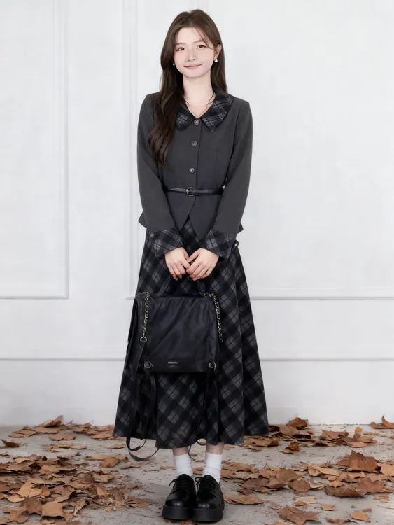 秋冬新款加厚磨毛高级感拼接格纹短外套+格纹控半身裙气质两件套
