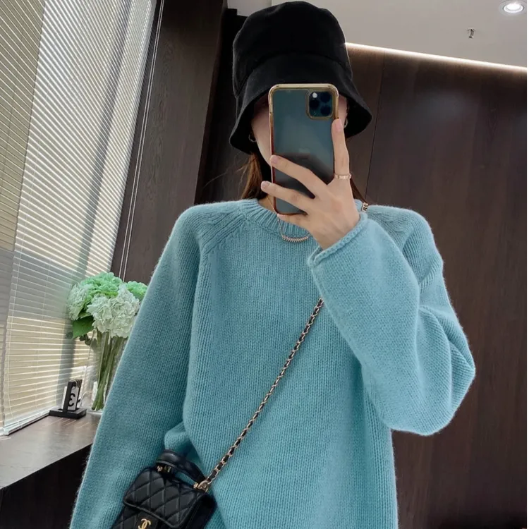 圆领羊绒衫纯色套头毛衣女冬季新款长袖羊绒衫宽松显瘦针织打底衫