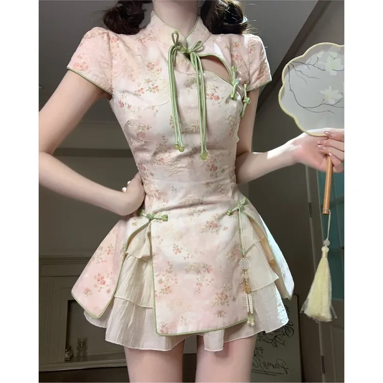 【断码清货】桃枝凝翠新中式国风短裙女夏季收腰显瘦复古连衣裙裙子