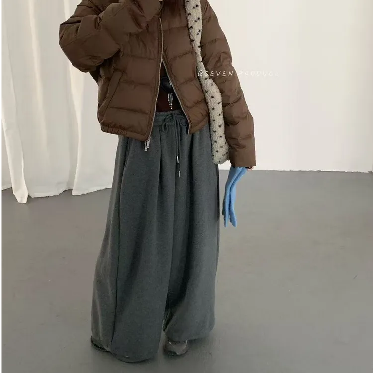 Seven2025冬季韩版时尚加绒加厚阔腿休闲裤