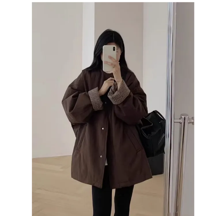 立领棉衣棉服女2025新款冬季休闲风宽松慵懒风中长款保暖夹棉外套