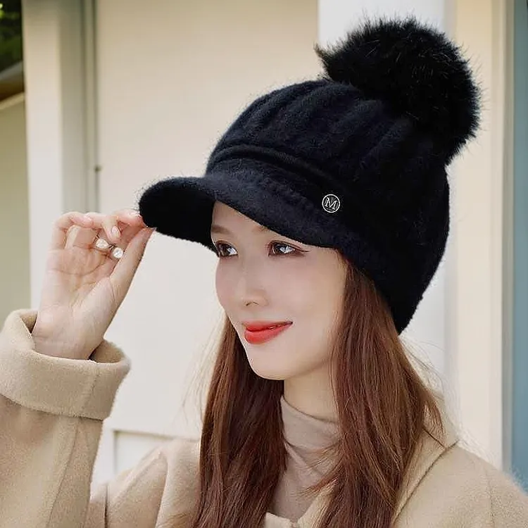 帽子女秋冬季加绒加厚韩版护耳保暖帽骑车鸭舌针织兔毛帽毛线帽