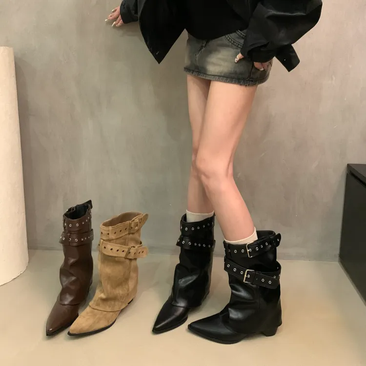 皮带扣裤管靴短筒靴堆堆靴子女靴2025早秋新款小众设计短靴西部靴