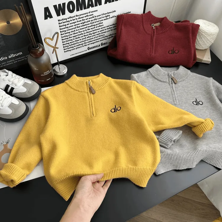 韩版男童半拉链针织衫儿童时尚百搭套头女宝立领洋气常规打底毛衣