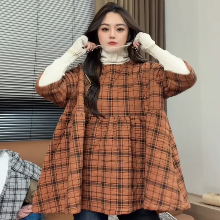 museguhui/木色古汇1561#格子气质时尚休闲常规圆领棉娃娃打底衫