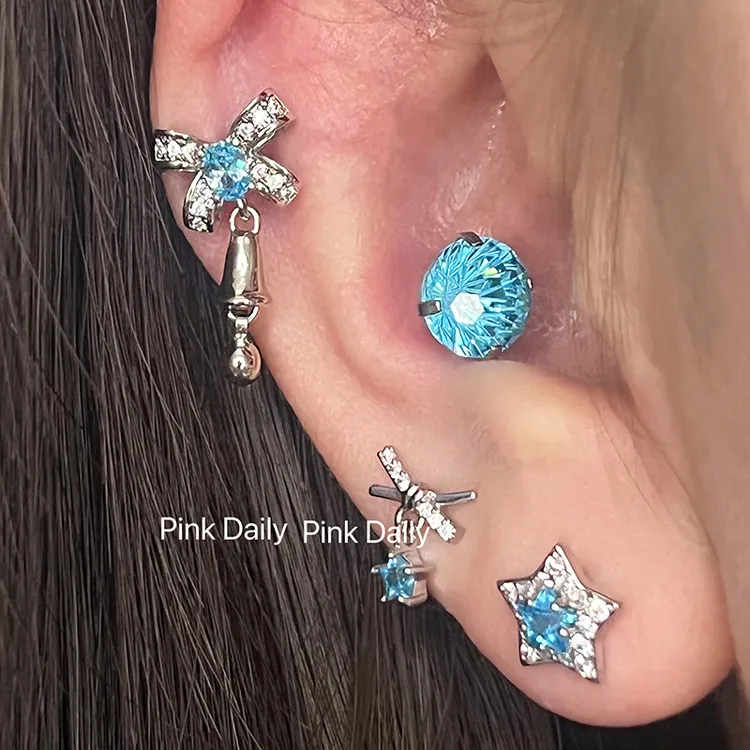 钛钢耳饰 【系梦铃铛】耳骨钉套组蓝色蝴蝶结烟花切耳蜗钉钛钢