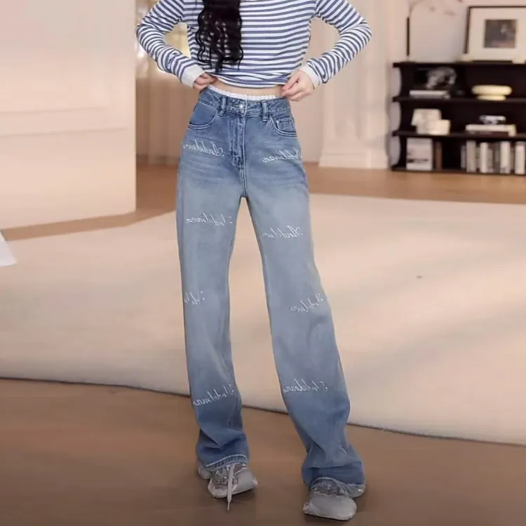 妍妍春夏新款 烫钻 拼接蕾丝花边腰头高腰显瘦时尚百搭直筒牛仔裤