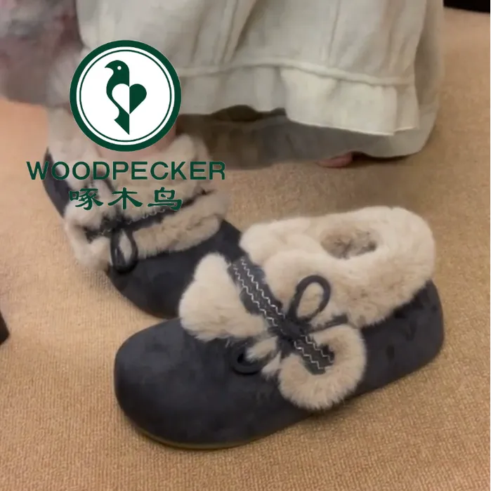 啄木鸟内增高5cm厚底毛毛勃肯棉鞋加绒雪地靴蝴蝶结甜美毛毛鞋女