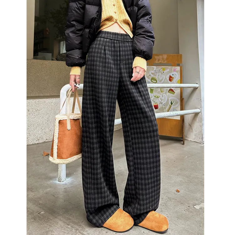 复古格子阔腿裤女2025秋冬新款加绒保暖黑灰色高腰百搭宽松休闲裤