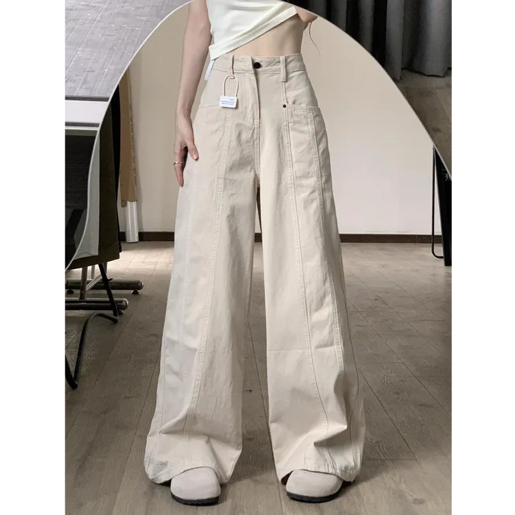 美式米杏色复古工装牛仔裤女夏季新款高腰宽松显瘦直筒阔腿长裤潮