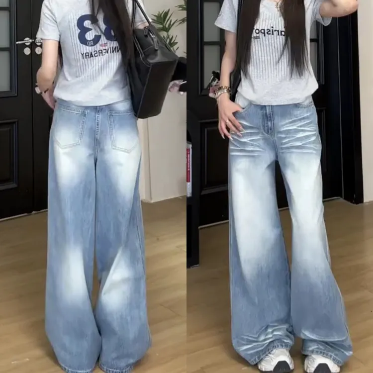 景倩妮蓝色水洗时尚牛仔裤2025年夏季新款梨形高腰显瘦宽松阔腿裤