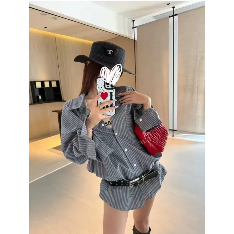 2025早秋新中长款韩版复古简约时尚气质条纹宽松衬衫上衣女配腰带