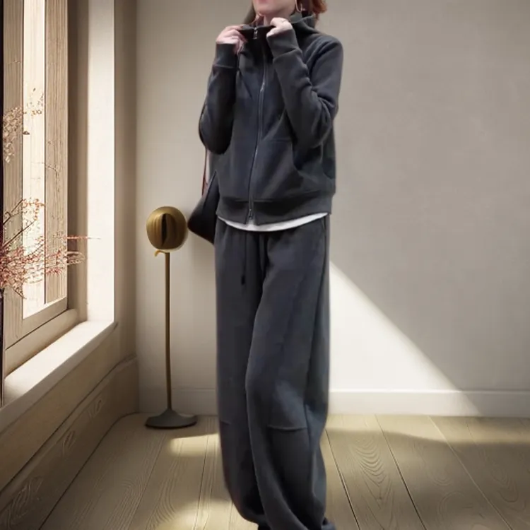 GUYN套装2025新款天鹅绒加厚运动衫夹克阔腿裤两件套秋冬女休闲