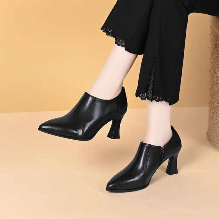 头层牛皮尖头时尚高跟鞋女春秋深口真皮软底单鞋女粗跟女鞋不累脚