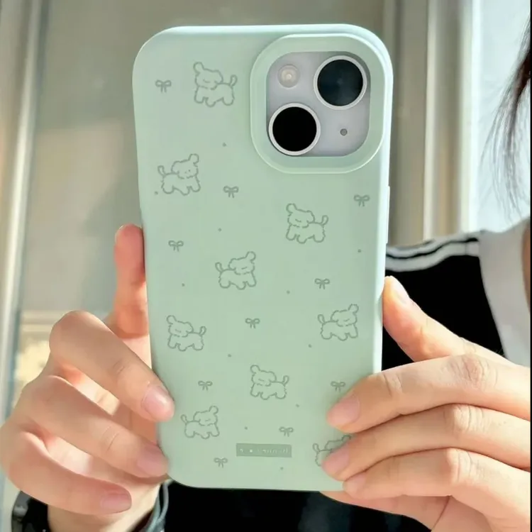 线条蝴蝶结小狗适用于iphone16苹果15软套14pro荔枝纹13手机壳12/