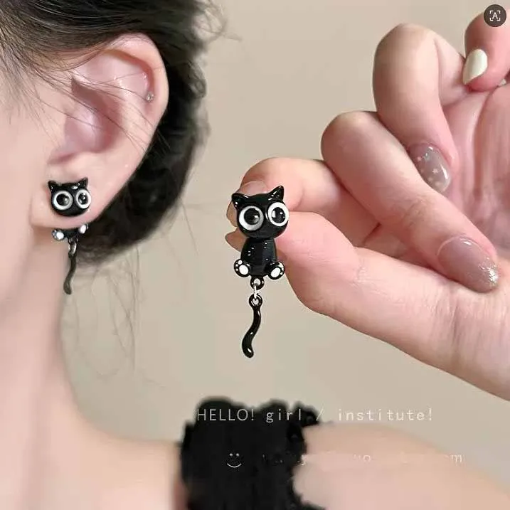 锌合金耳饰 趣味滴釉黑色猫咪耳钉女款耳环甜酷辣妹风甜美耳饰