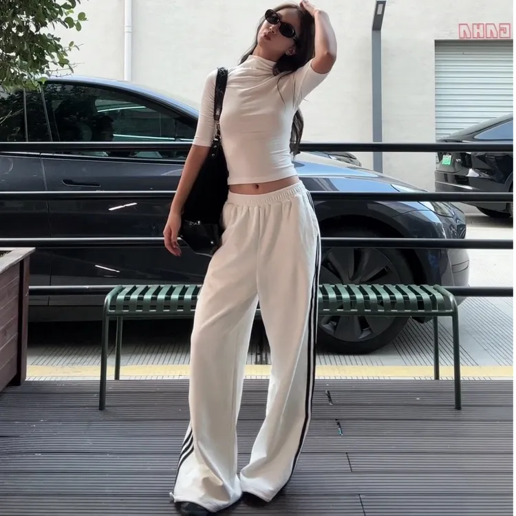 薄款长裤速干条纹时尚阔腿裤高腰微弹力休闲裤直筒网红显瘦百搭潮