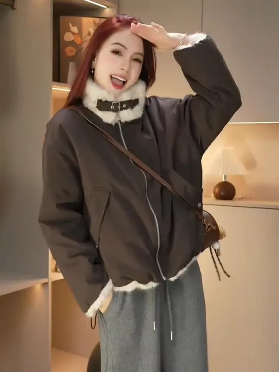 双面穿时尚短外套女冬季新款宽松加厚保暖小个子设计感派克服上衣