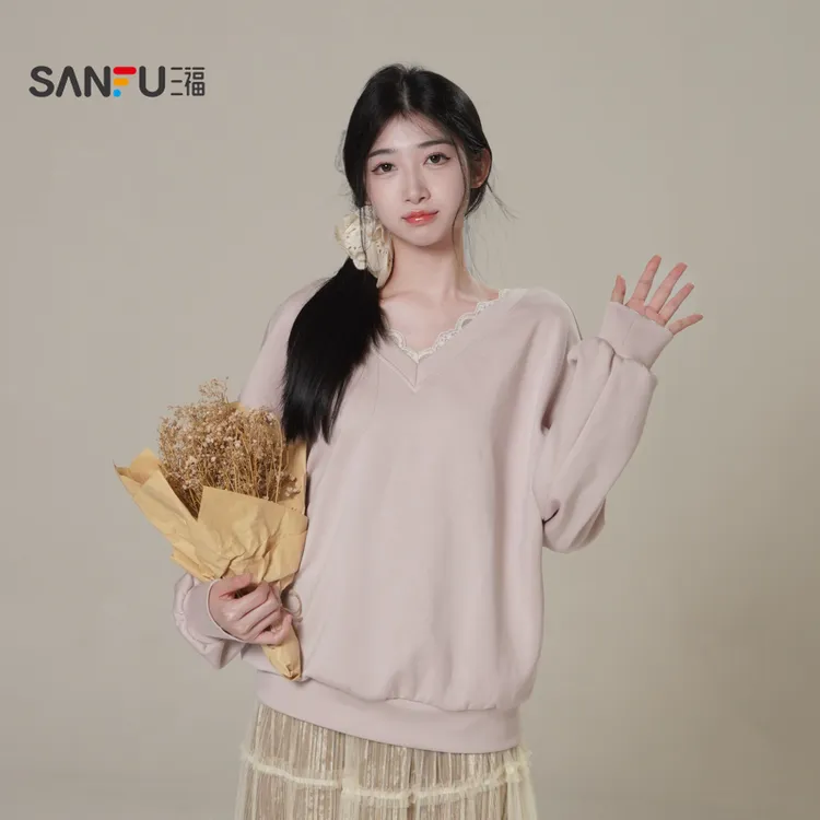 三福 秋季长袖时尚休闲简约宽松纯色甜美V领蕾丝卫衣 512498