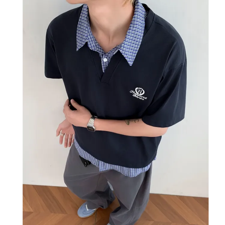 夏季学院风假两件短袖男女格子拼接polo衫t恤翻领复古休闲上衣潮