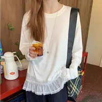 高端货~长袖打底衫女秋季chic别致白色t恤蕾丝宽松独特超好看上衣