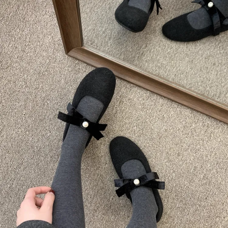 韩版灰色玛丽珍毛毛鞋女冬外穿棉鞋新款法式仙女平底加绒呢子单鞋