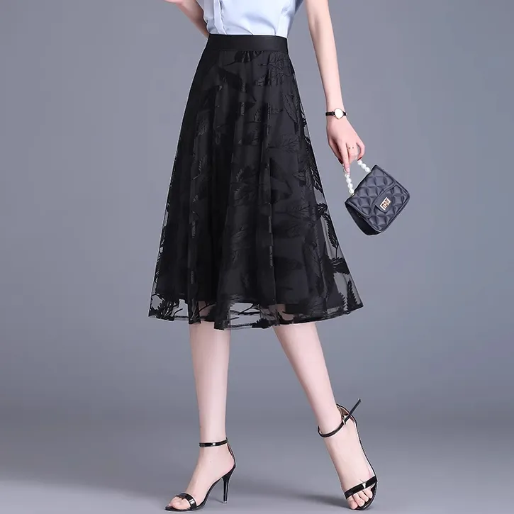 黑色网纱半身裙高腰百褶设计遮胯显瘦大摆裙子春夏薄款妈妈装